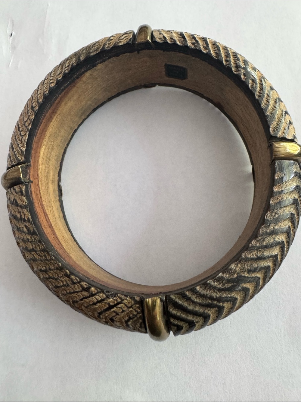Vintage India handcrafted bangle made of wood and brass accents. Boho
